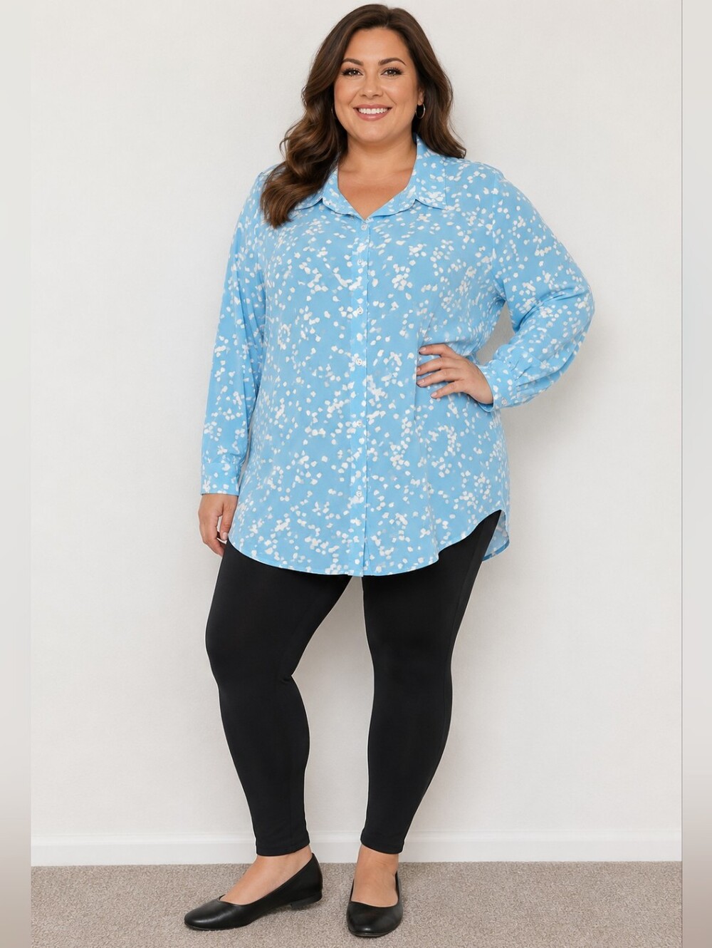 Dokotoo Light Blue & White Print Buttondown Blouse, Size 2XL
